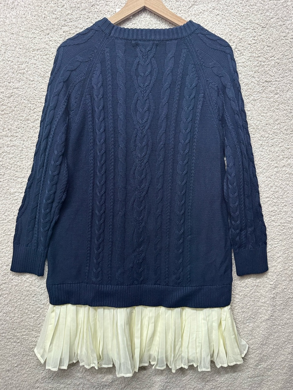 Lulus Cable Knit Sweater Dress Navy Blue Chiffon Hem Layered Mini Shift XL NWT - Picture 3 of 8